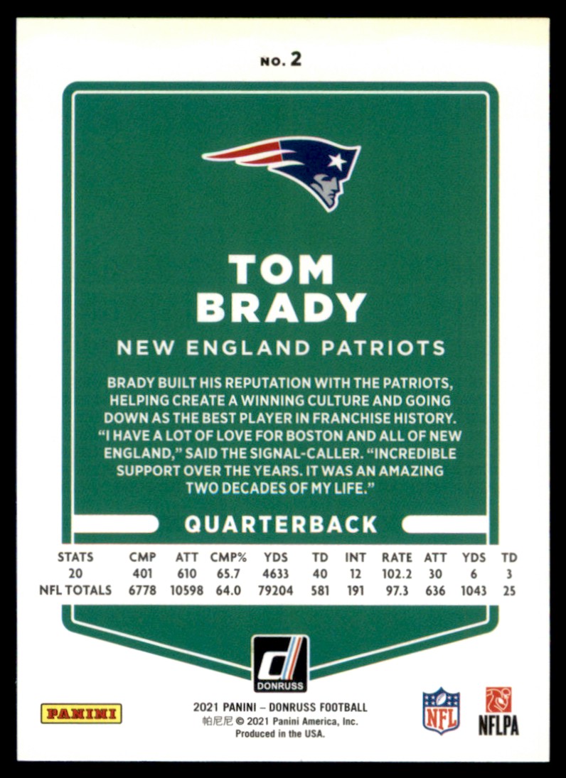 2021 Donruss Tom Brady #2 card back image