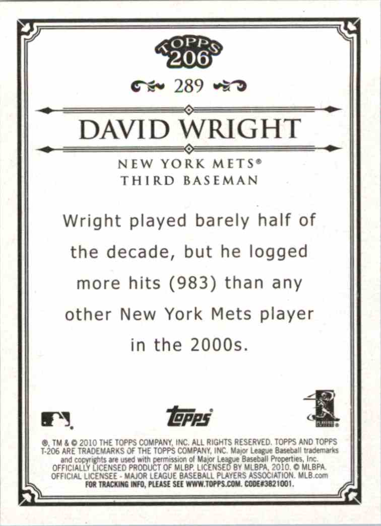 2010 Topps 206 David Wright #289 card back image