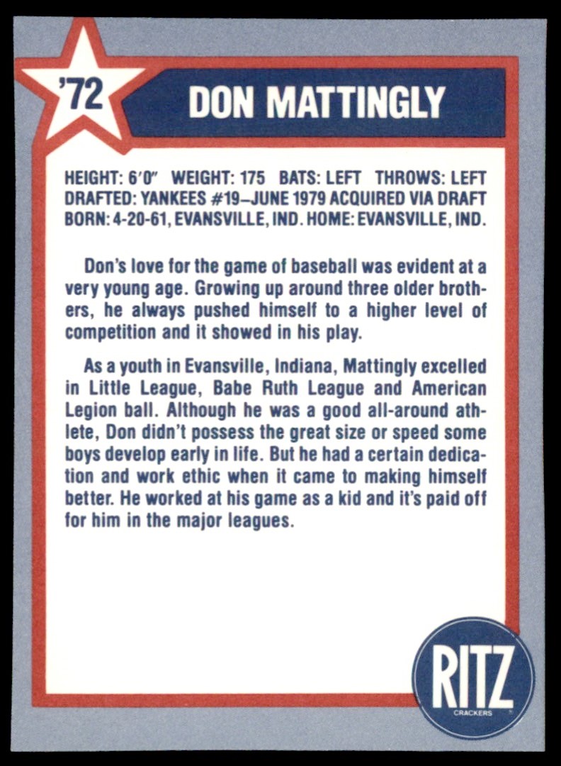 1989 Nabisco Ritz Don Mattingly #72 card back image