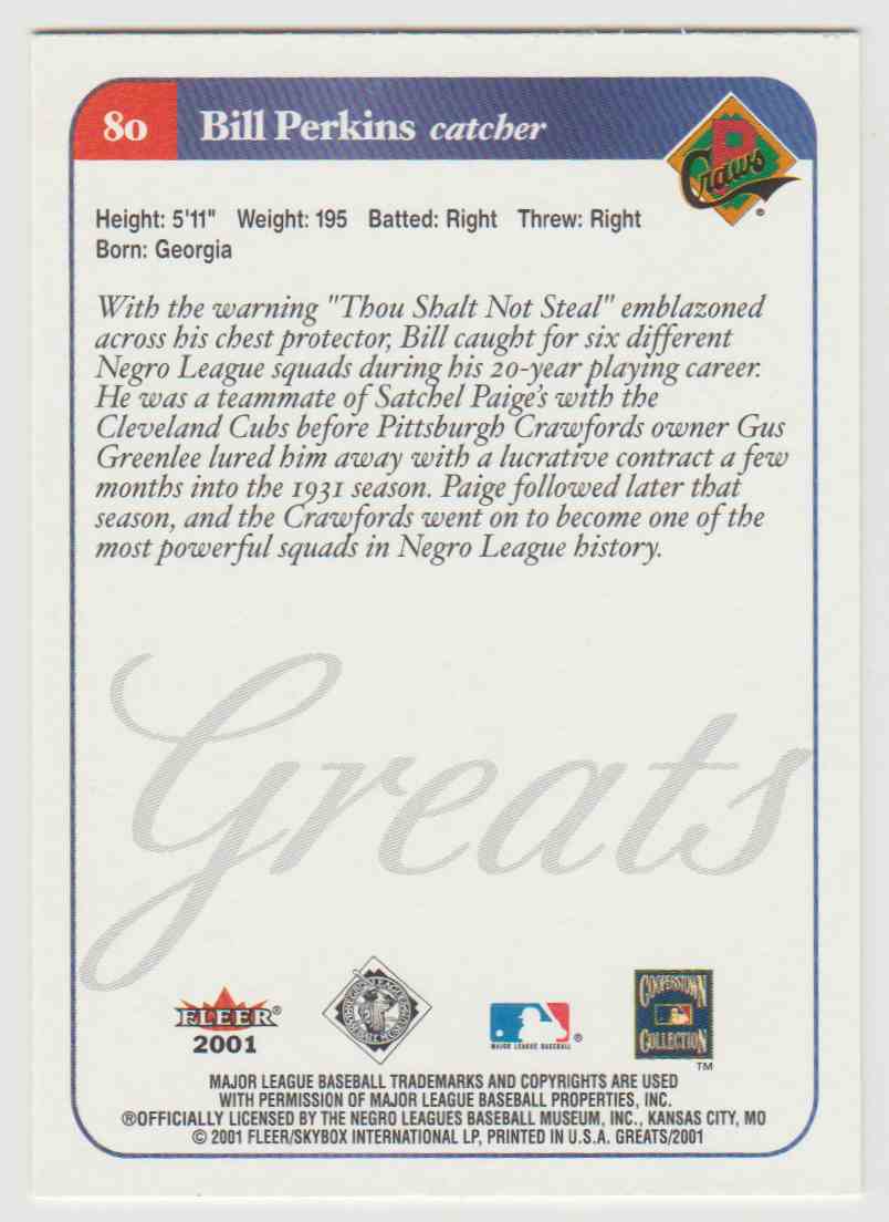 2001 Fleer Greats Of The Game Bill Perkins #80 card back image