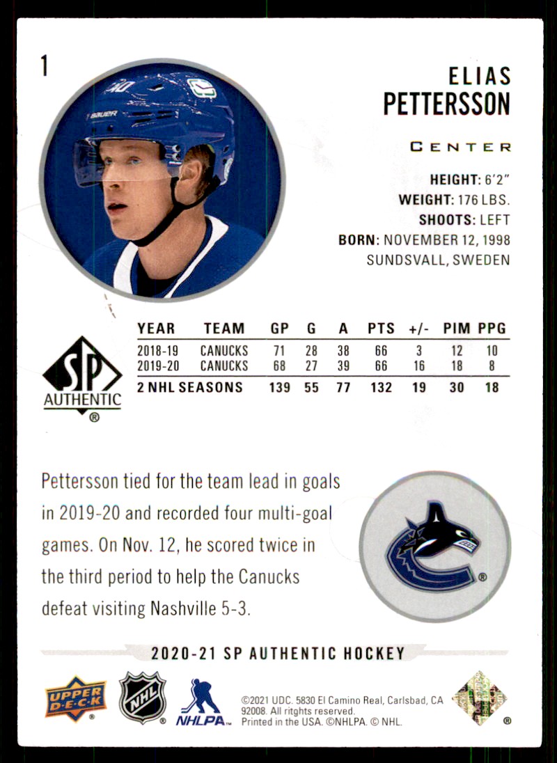 2020-21 SP Authentic Elias Pettersson #1 card back image