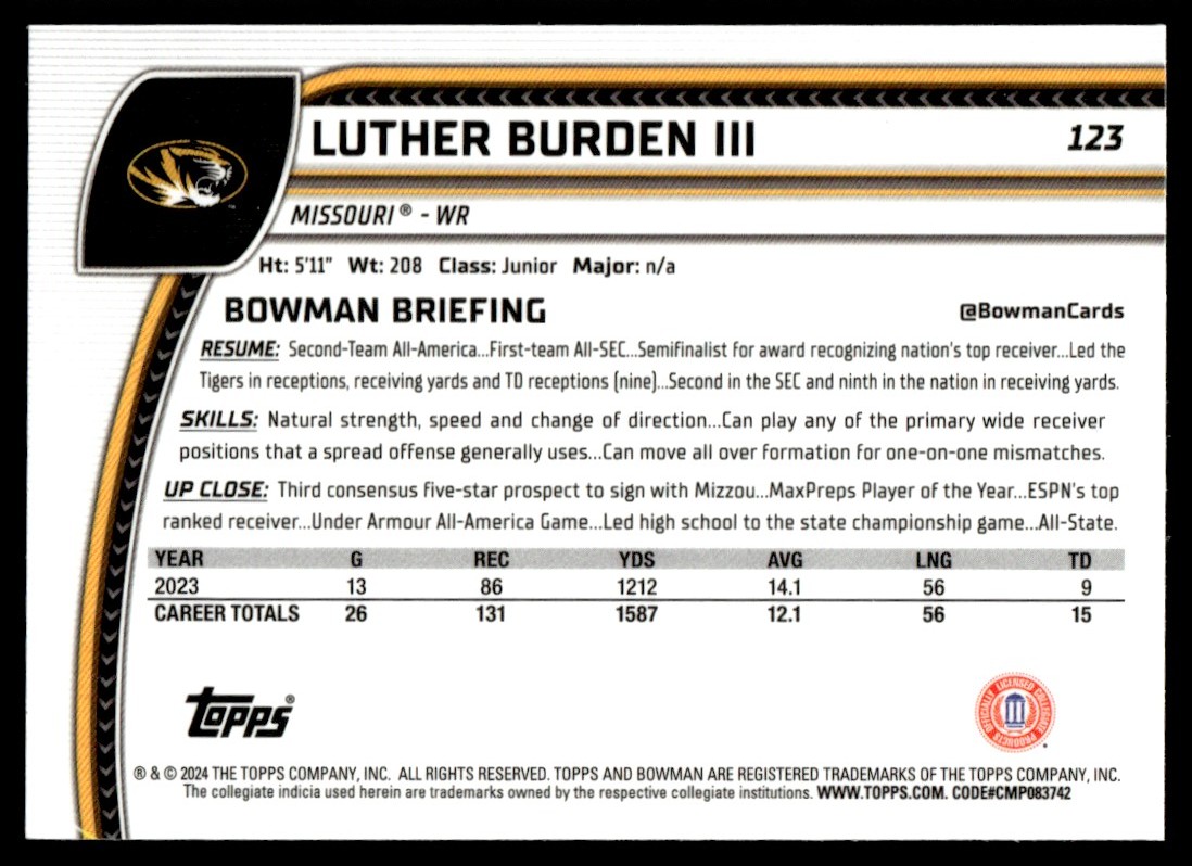 2024 Bowman University Chrome 1st Bowman Luther Burden III #123 card back image
