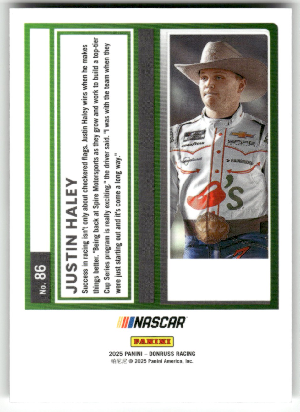 2025 Donruss NASCAR Optic JUSTIN HALEY #86 card back image