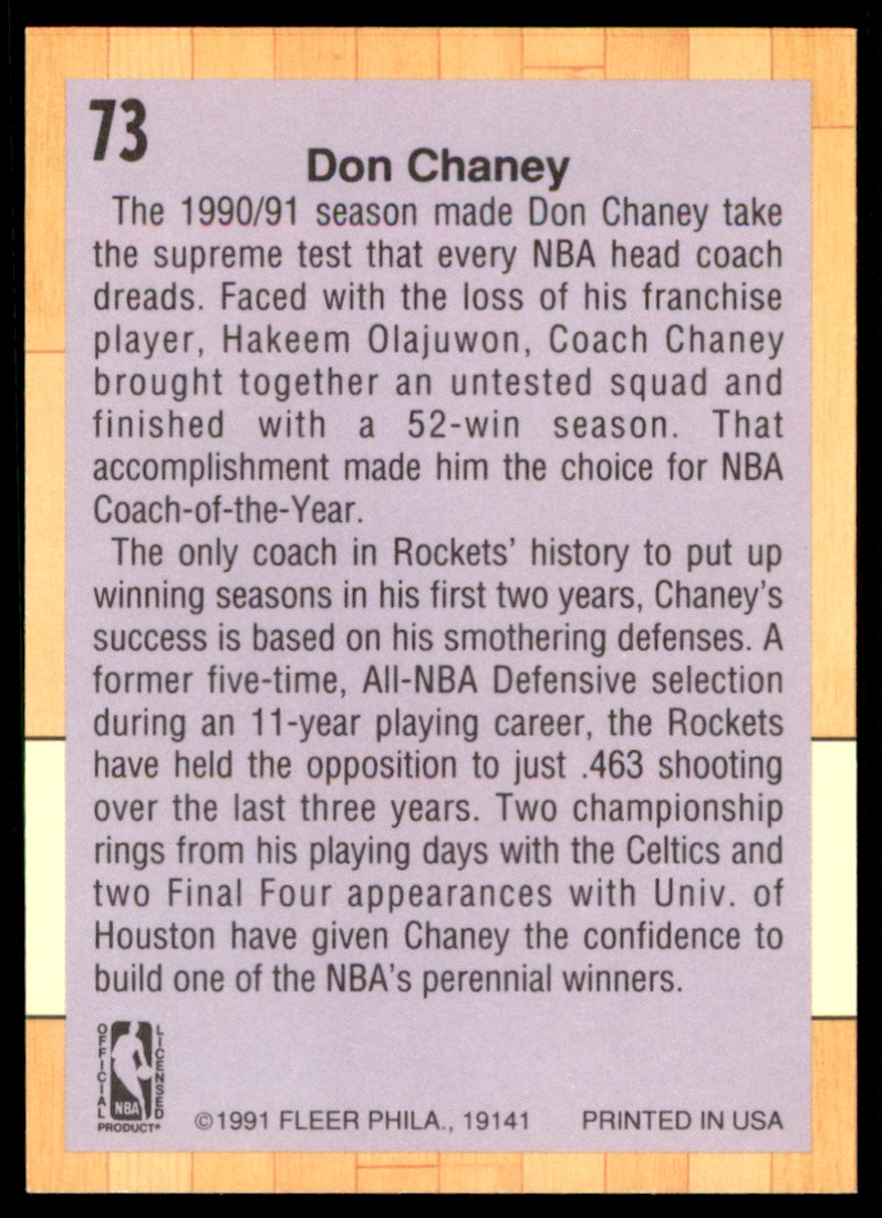 1991-92 Fleer Don Chaney #73 card back image