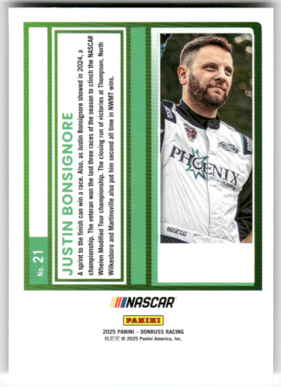 2025 Donruss NASCAR Optic JUSTIN BONSIGNORE #21 card back image