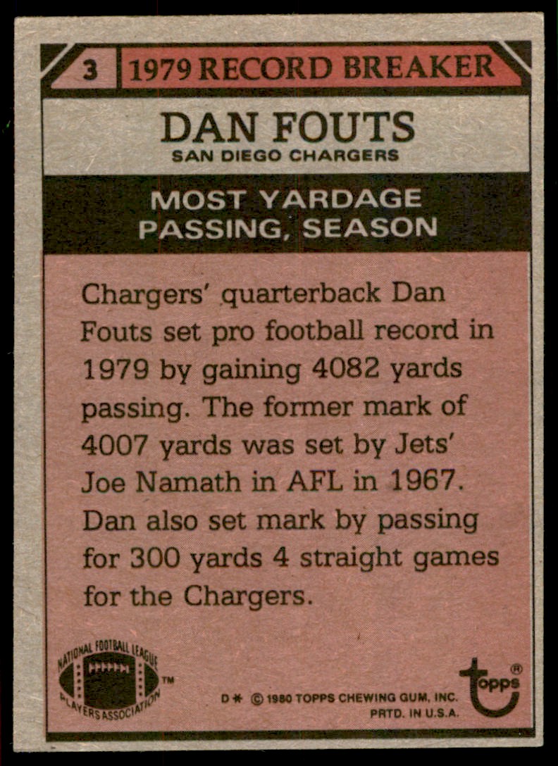 Dan Fouts autographed Football Card (San Diego Chargers) 1980 Topps Record  Breaker #3