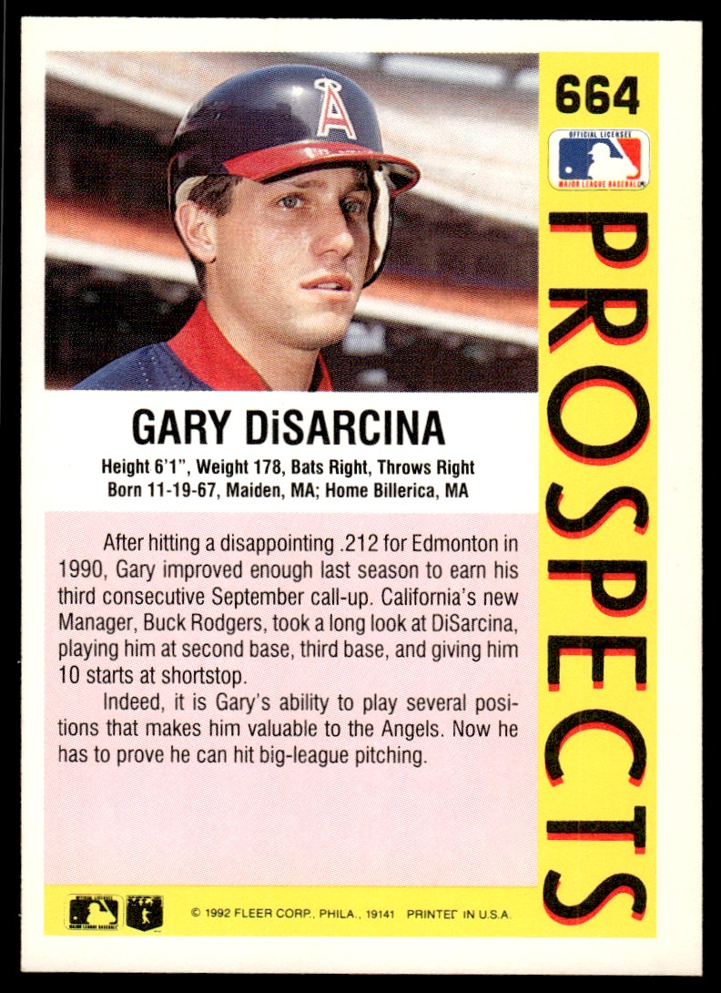 1992 Fleer Gary DiSarcina card back image