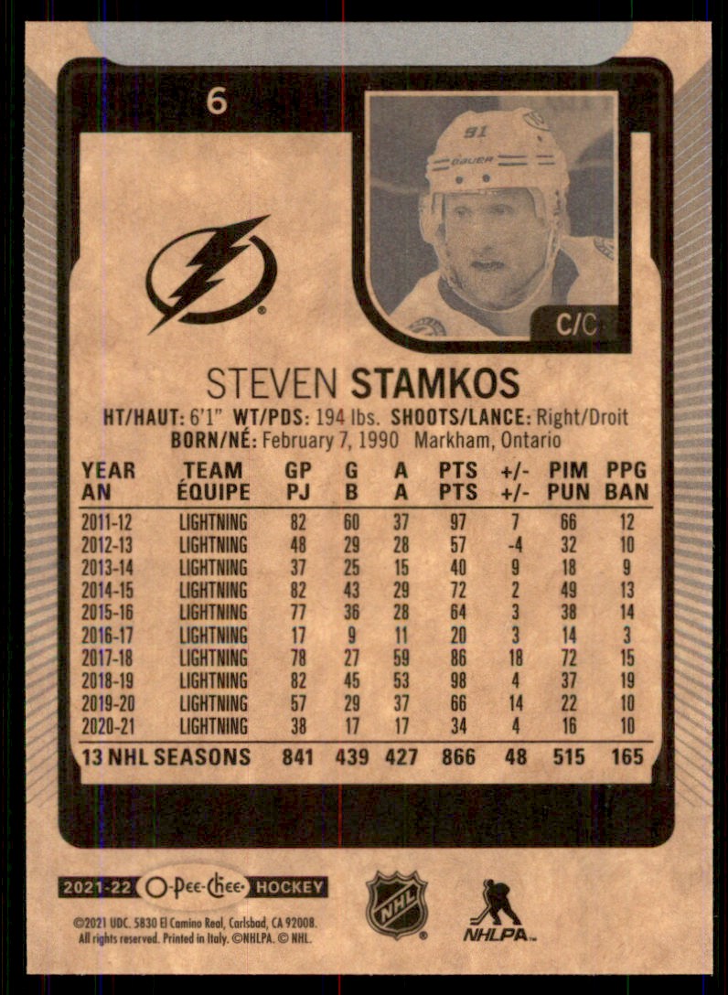 2021-22 O-Pee-Chee Steven Stamkos #6 card back image