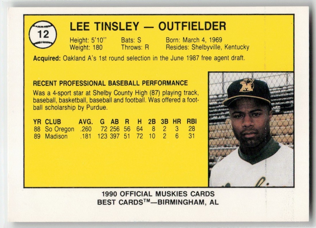 1990 Best Madison Muskies Lee Tinsley #12 card back image