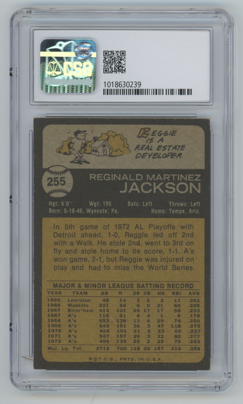 1973 Topps Reggie Jackson CSG EX/NM 6 #255 card back image