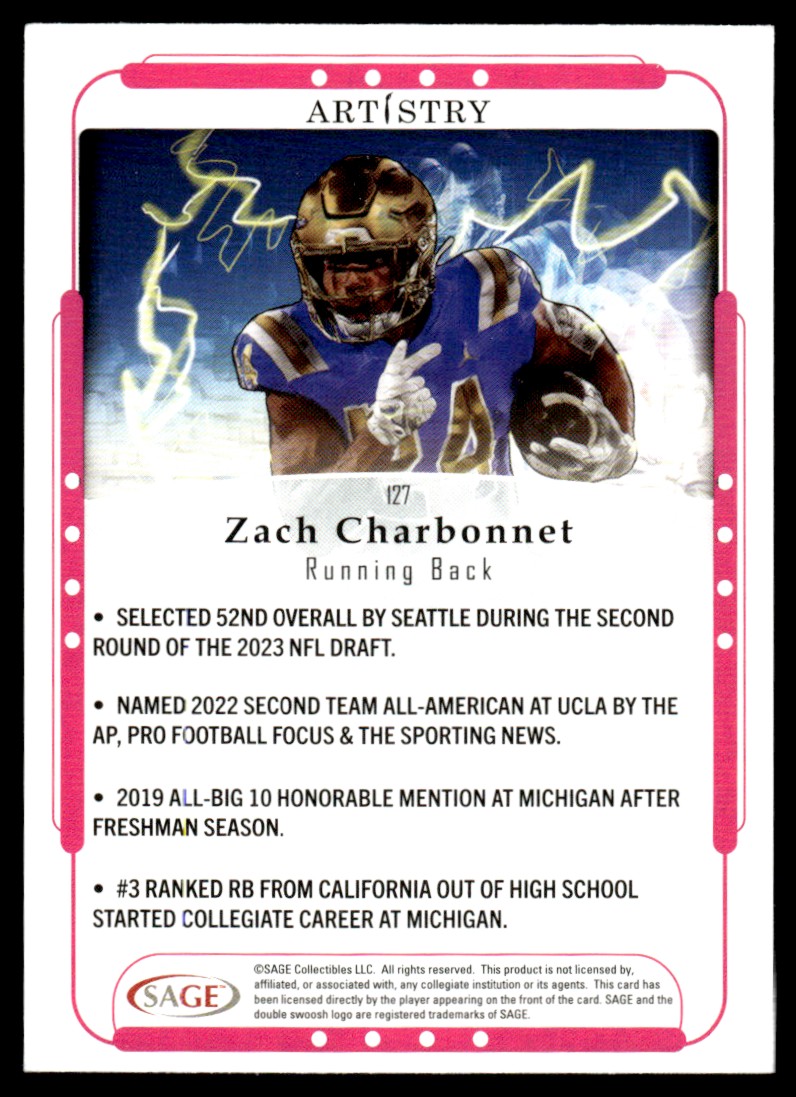 2023 SAGE Artistry Black #127 Zach Charbonnet Rookie Seattle
