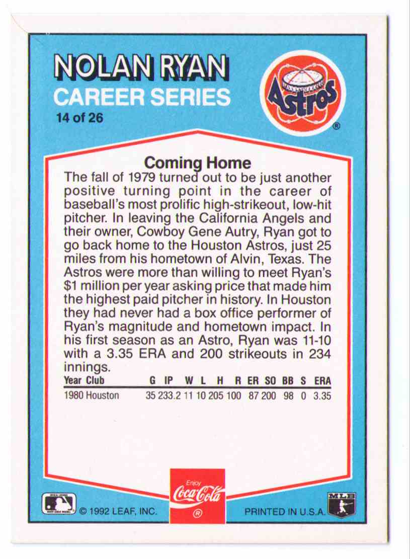 Nolan Ryan 14 Baseball Card 1992 Donruss Coca Cola Career 