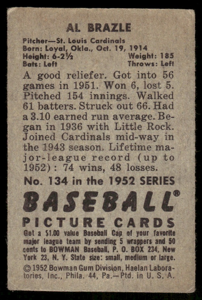 1952 Bowman Al Brazle #134 card back image