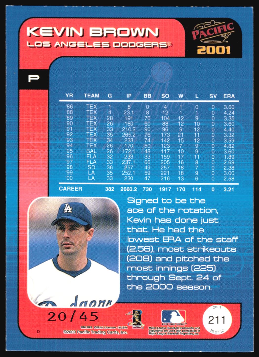2001 Pacific Extreme LTD Kevin Brown #211 card back image