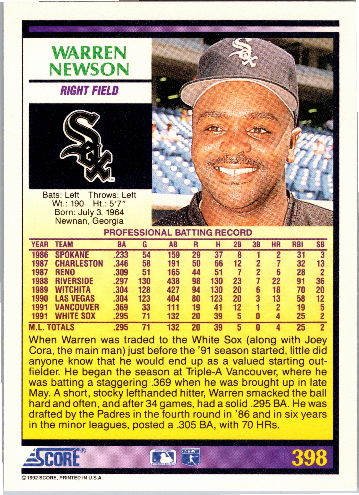 1992 Score Warren Newson #398 card back image