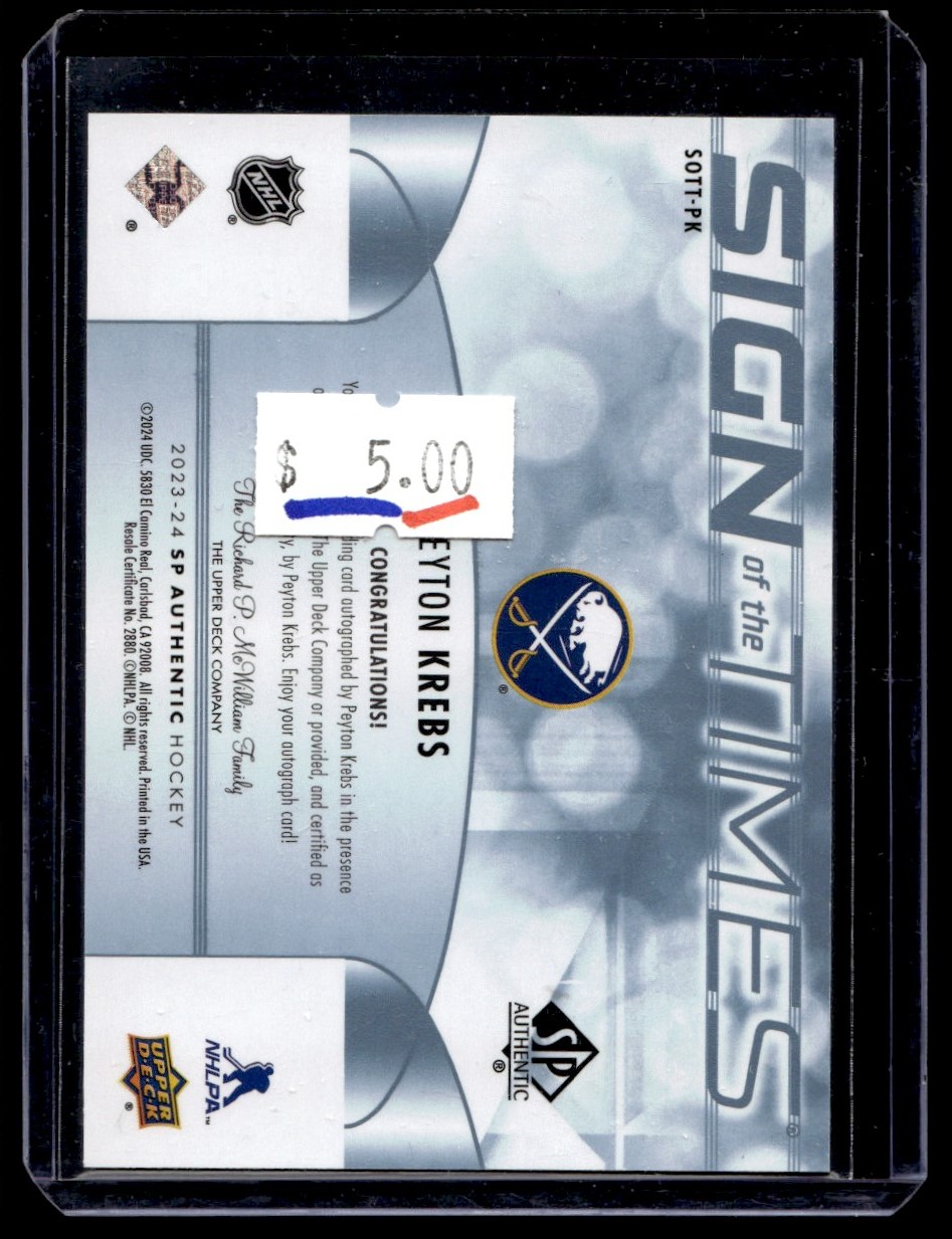 2023-24 SP Authentic Sign of the Times Peyton Krebs Auto Buffalo