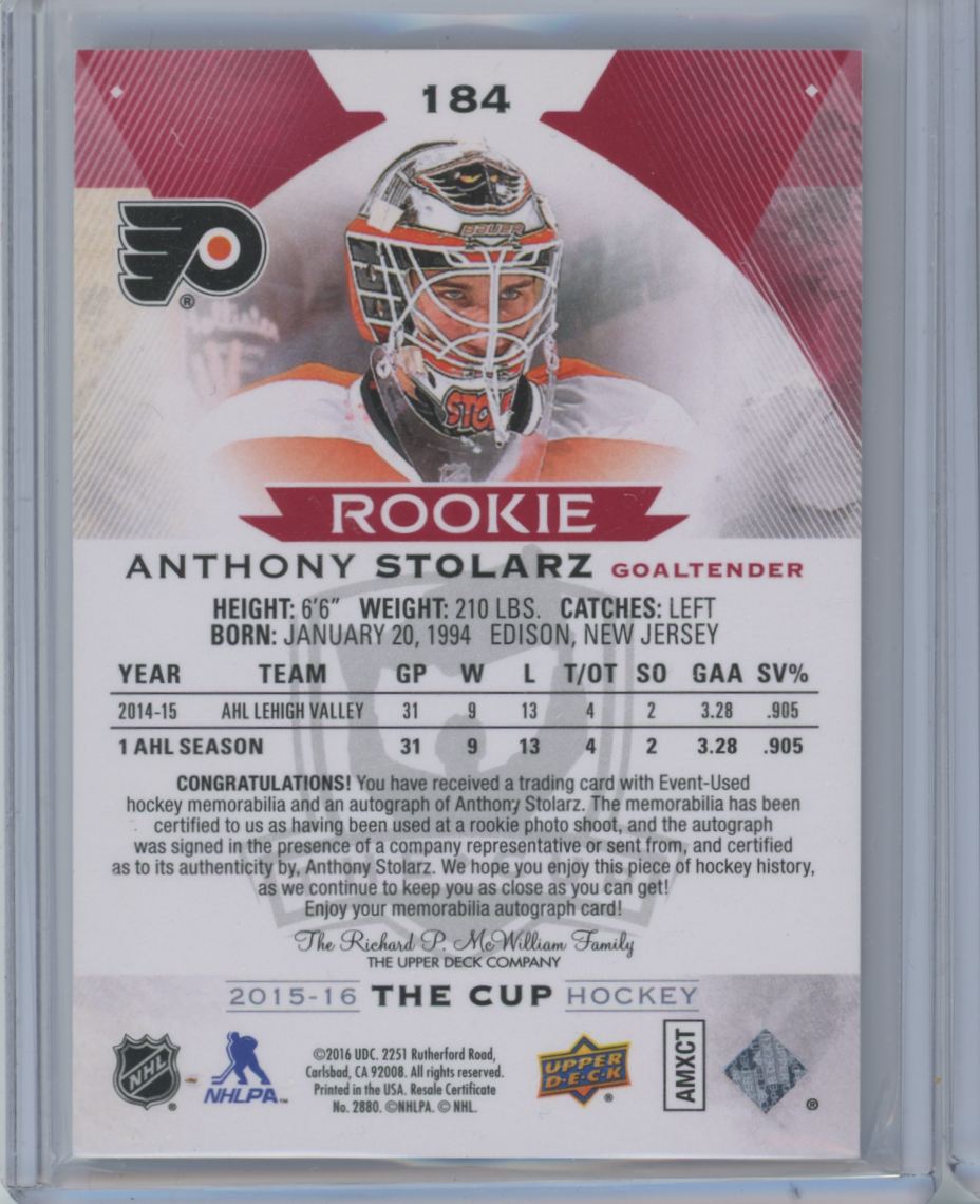 2015-16 Upper Deck The Cup Rookie Tag Anthony Stolarz #184 card back image
