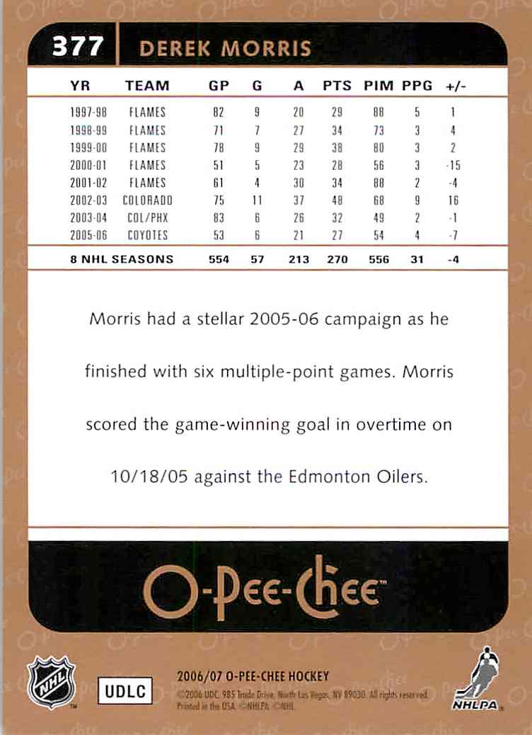 2006 07 O Pee Chee Erek Morris 377 On Kronozio