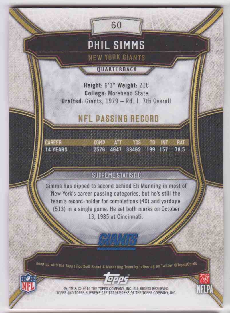 2015 Topps Supreme Phil Simms #60 card back image