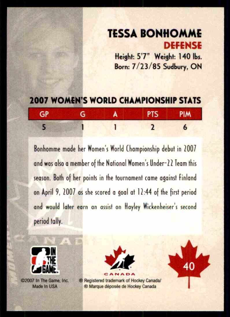 Tessa Bonhomme Hockey Card 2007-08 ITG O Canada #40 Tessa Bonhomme