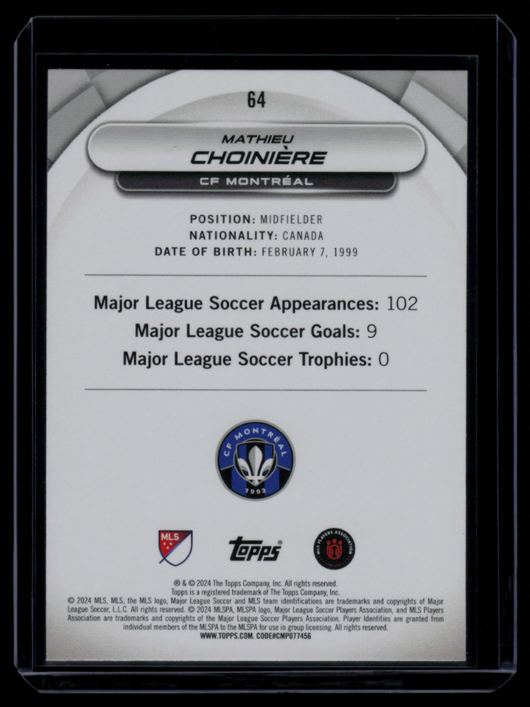 2024 Topps MLS Superstars Yellow Common Mathieu Choiniere #64 card back image