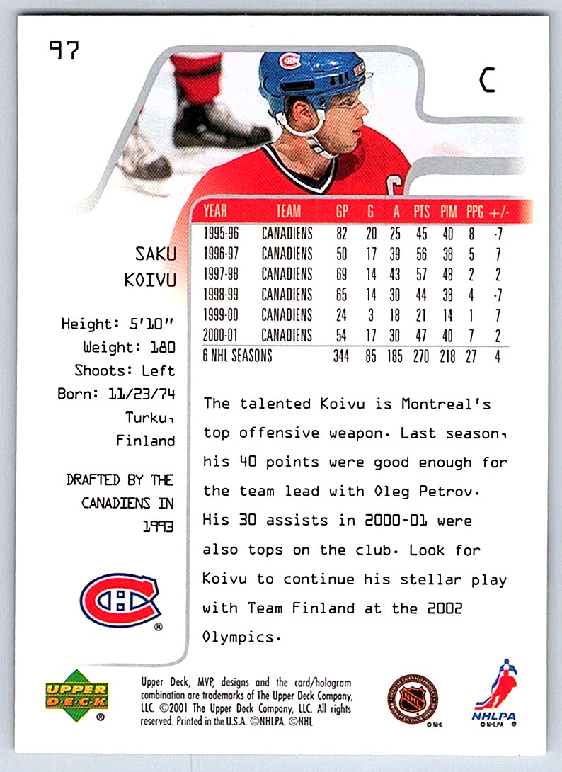 2001-02 Upper Deck MVP Saku Koivu #97 card back image