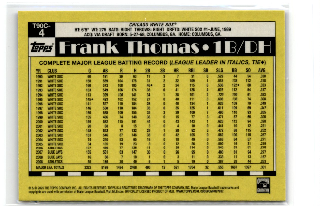 2025 TOPPS SILVER PACK FRANK THOMAS #T90C-4 card back image