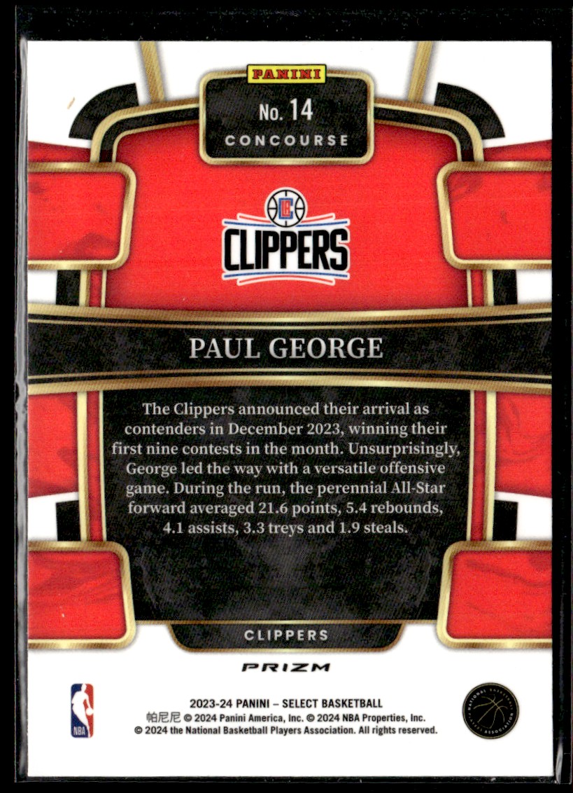 2023-24 Panini Select Orange Shock Concourse Paul George #14 card back image
