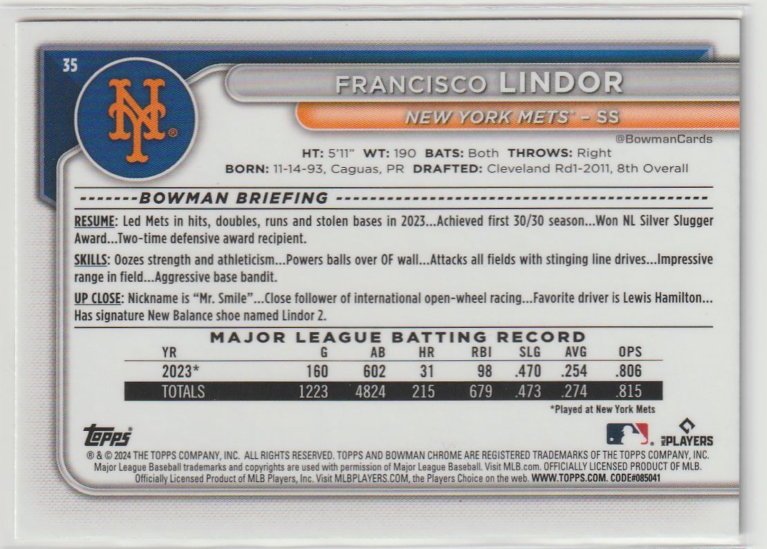 2024 Bowman Chrome Francisco Lindor #35 card back image