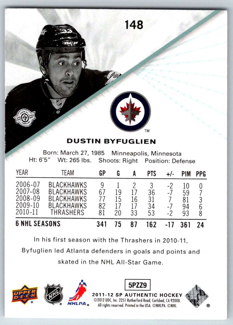 2011-12 SP Authentic Dustin Byfuglien #148 card back image