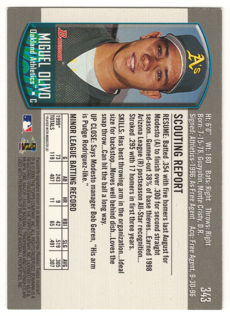 2017 Bowman Buyback 70th Anniversary Miguel Olivo #343 card back image