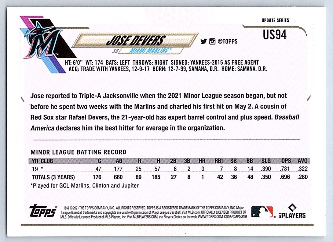 2021 Topps Rookie Card Justus Sheffield #6 card back image