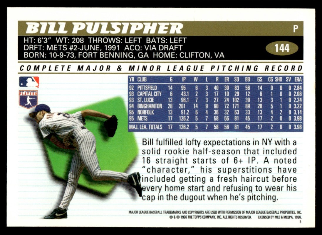 1996 Topps Bill Pulsipher #144 card back image