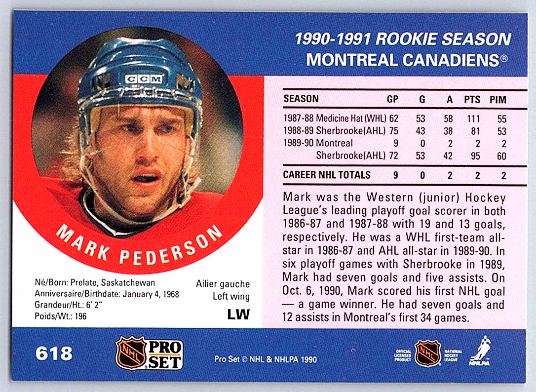 1990-91 Pro Set Mark Pederson #618 card back image