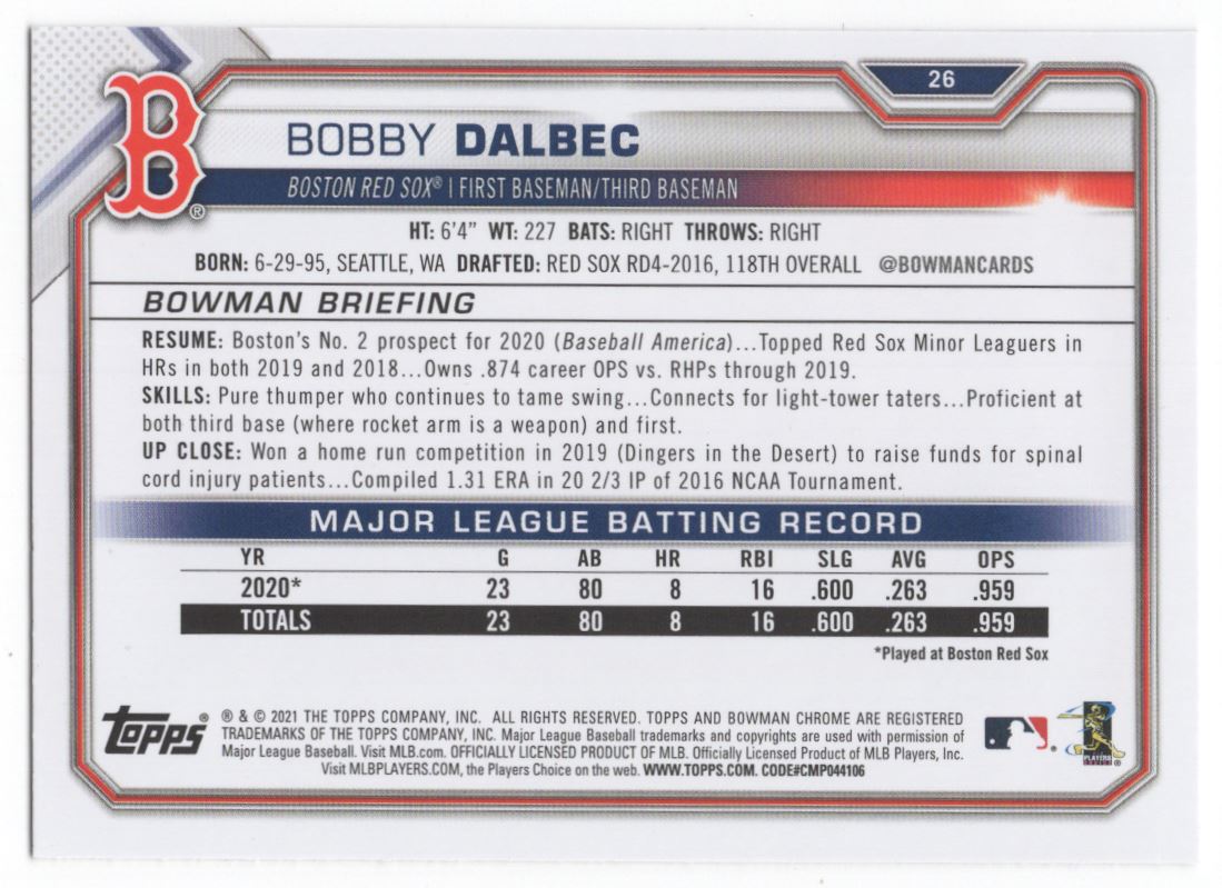 2021 Bowman #26 Bobby Dalbec RC Rookie Boston Red Sox MLB Baseball Trading  Card