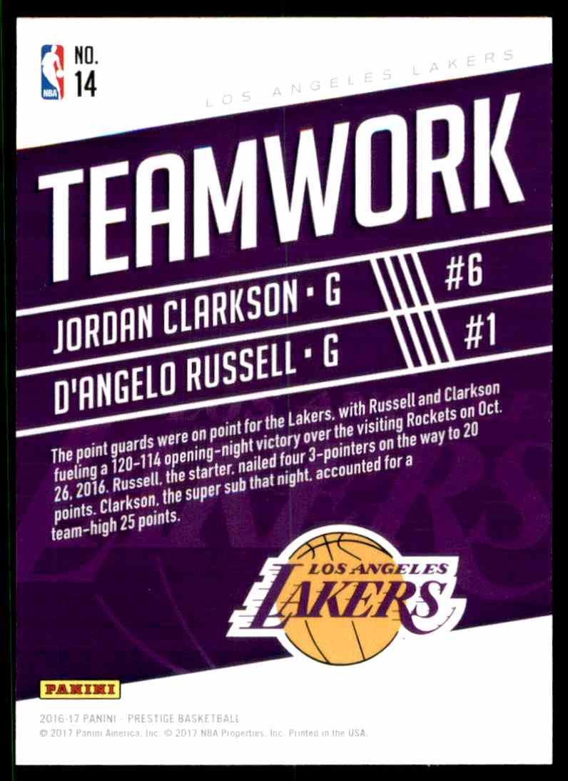 2016-17 Panini Prestige Teamwork D'Angelo Russell Jordan Clarkson - Los Angeles Lakers #14 card back image