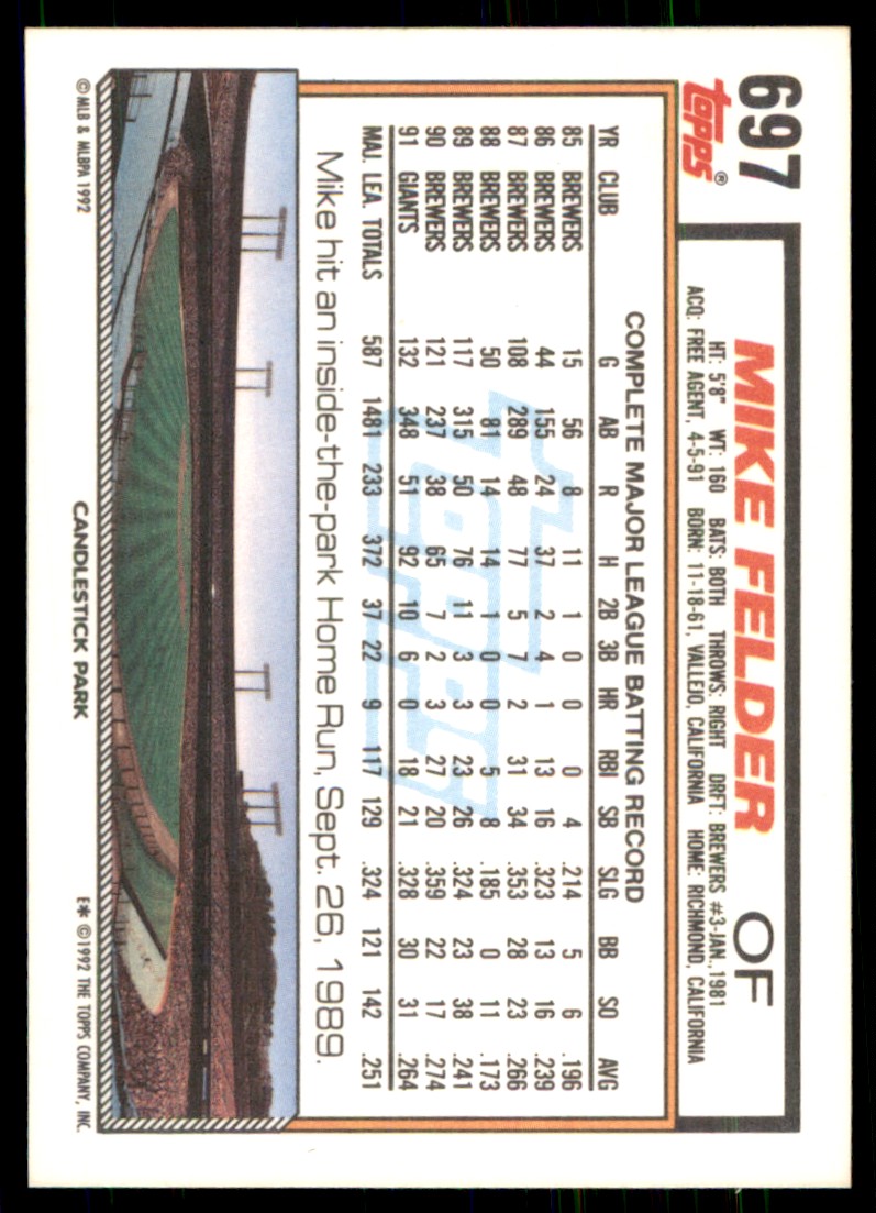 1992 Topps Mike Felder #697 card back image