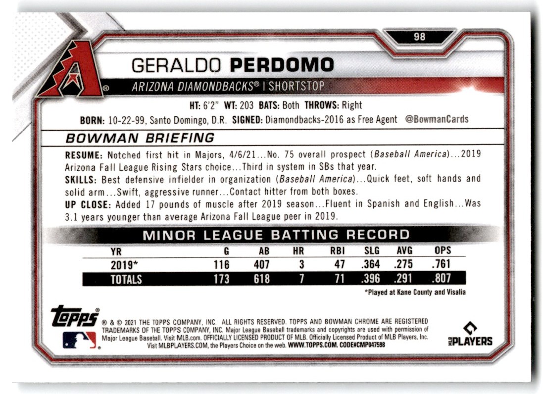 2021 Bowman Chrome Geraldo Perdomo #98 card back image