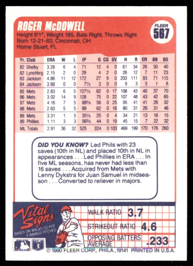 1990 Fleer Roger McDowell #567 card back image