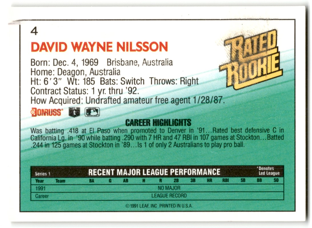 1992 Donruss Dave Nilsson #4 card back image