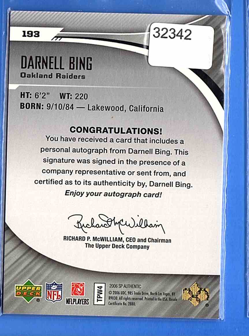 2006 SP Authentic Darnell Bing #193 card back image