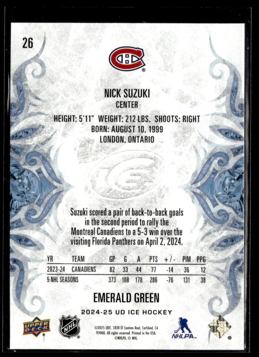 2024-25 Upper Deck Ice Emerald Green 32423 Nick Suzuki Montreal