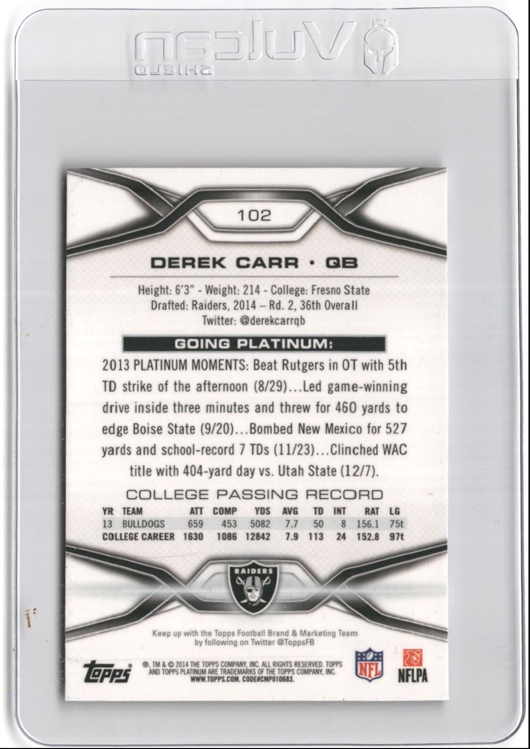 2014 Topps Platinum Derek Carr #102 card back image
