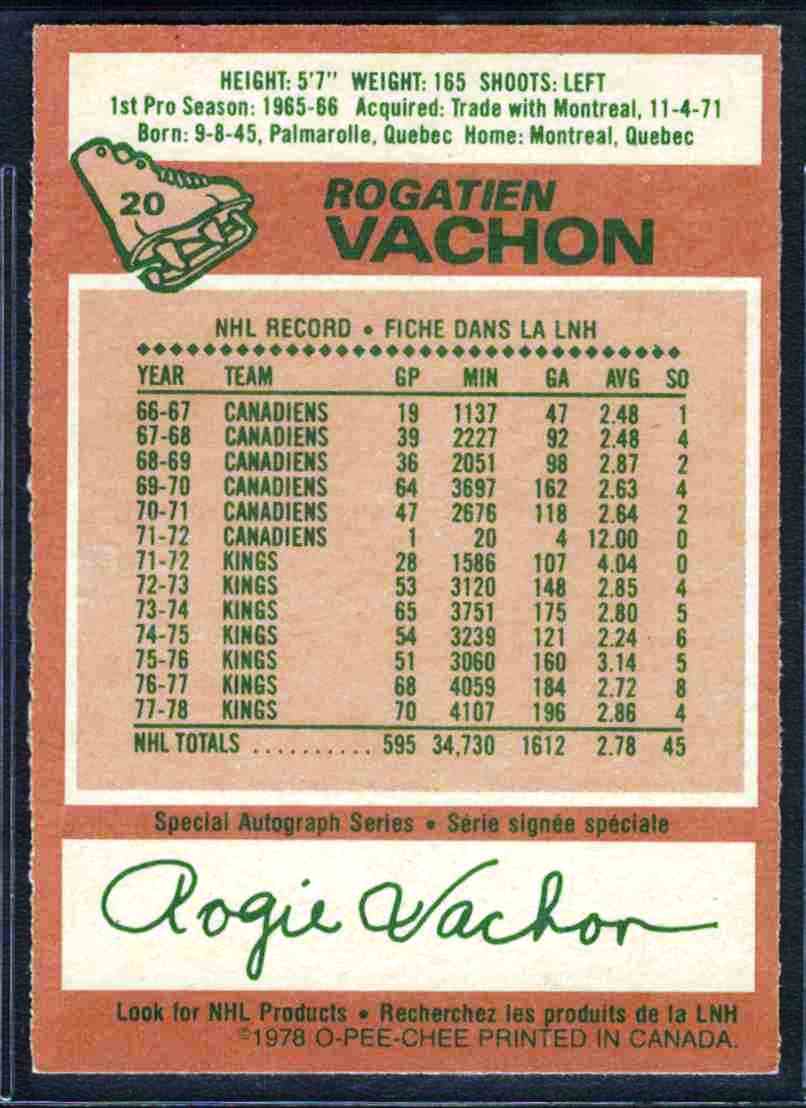1978-79 O-Pee-Chee Rogatien Vachon #20 card back image