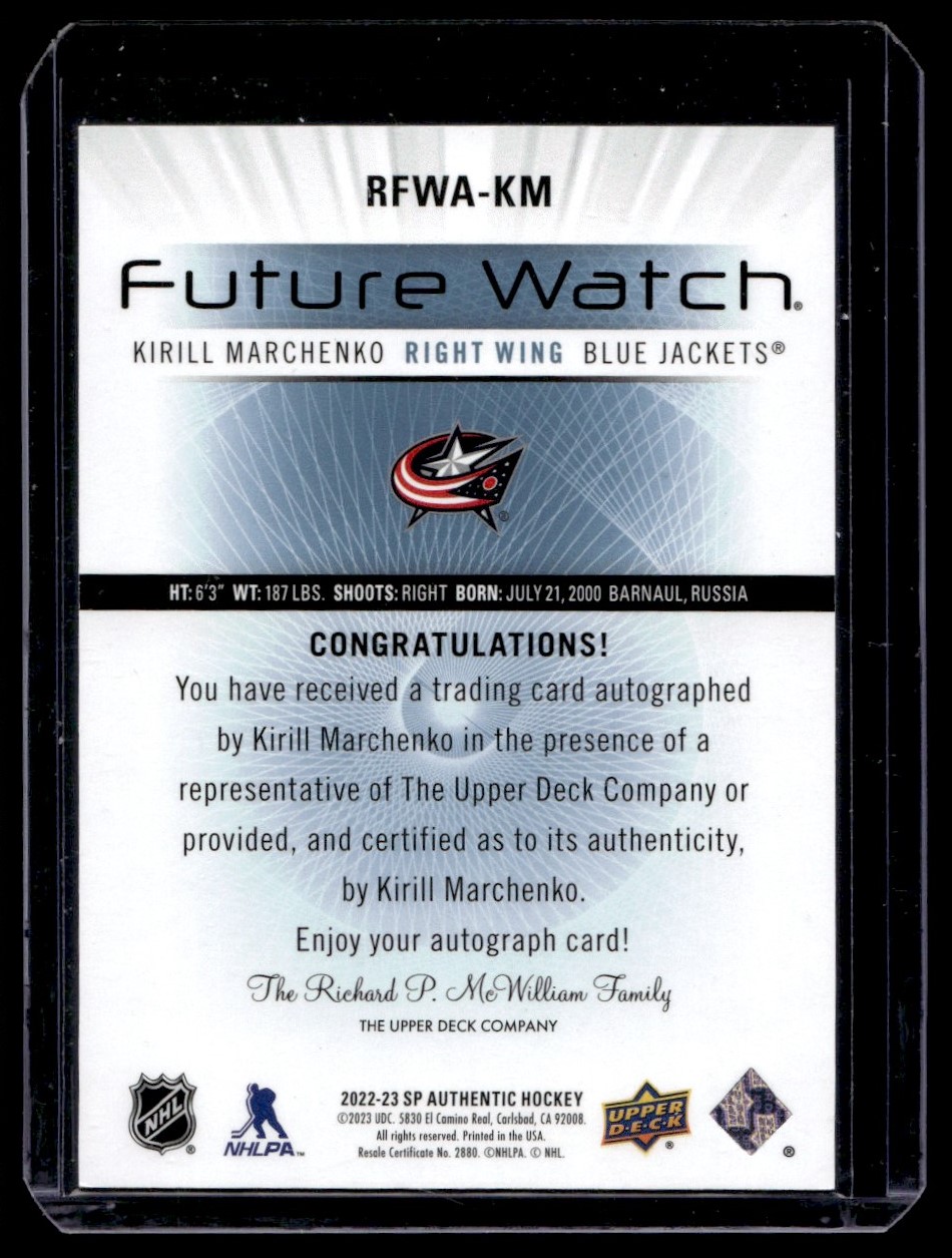 2022-23 SP Authentic Retro Future Watch Autographs Kirill Marchenko #RFWA-KM card back image