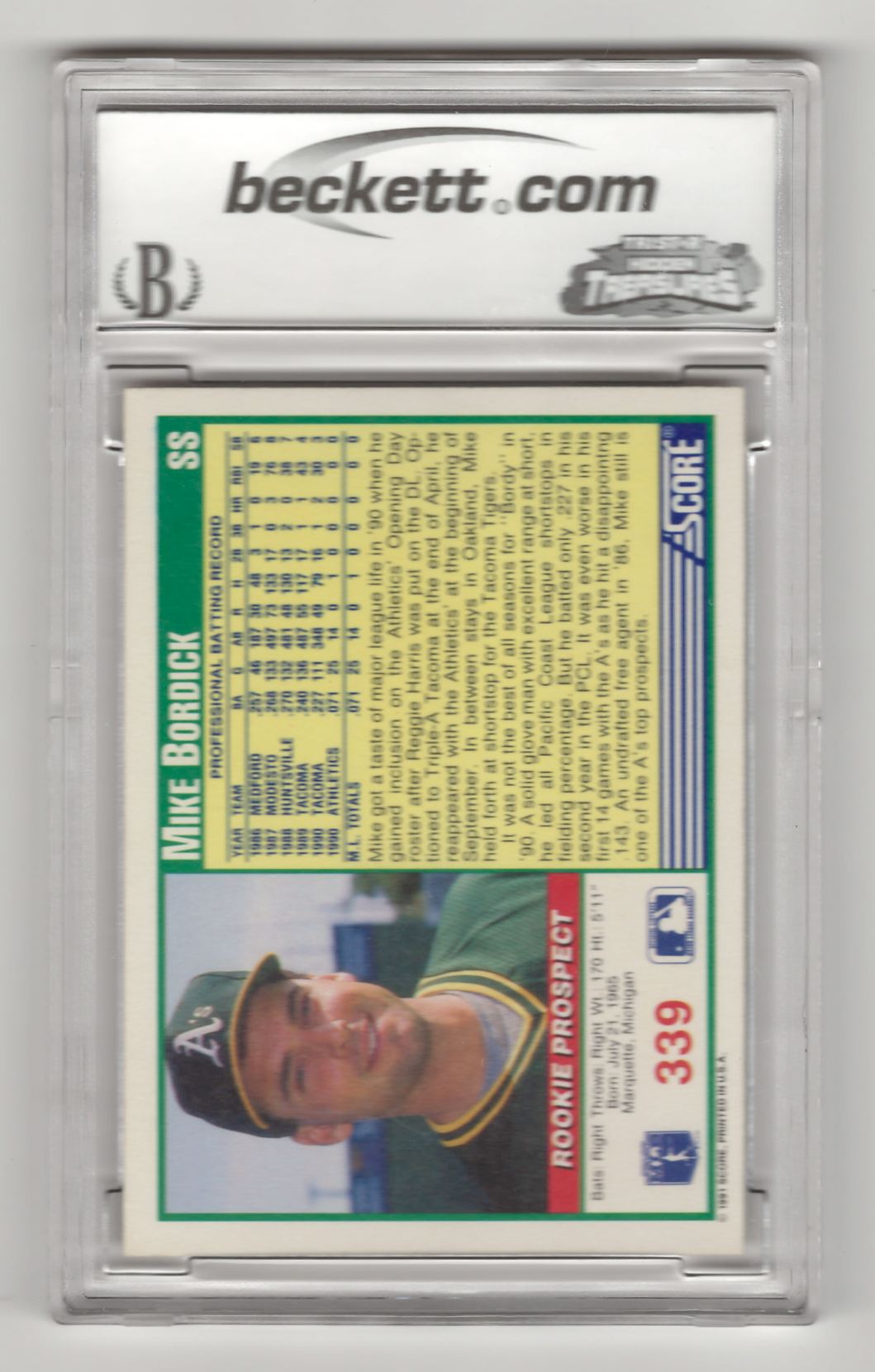 1991 Score Mike Bordick #339 card back image