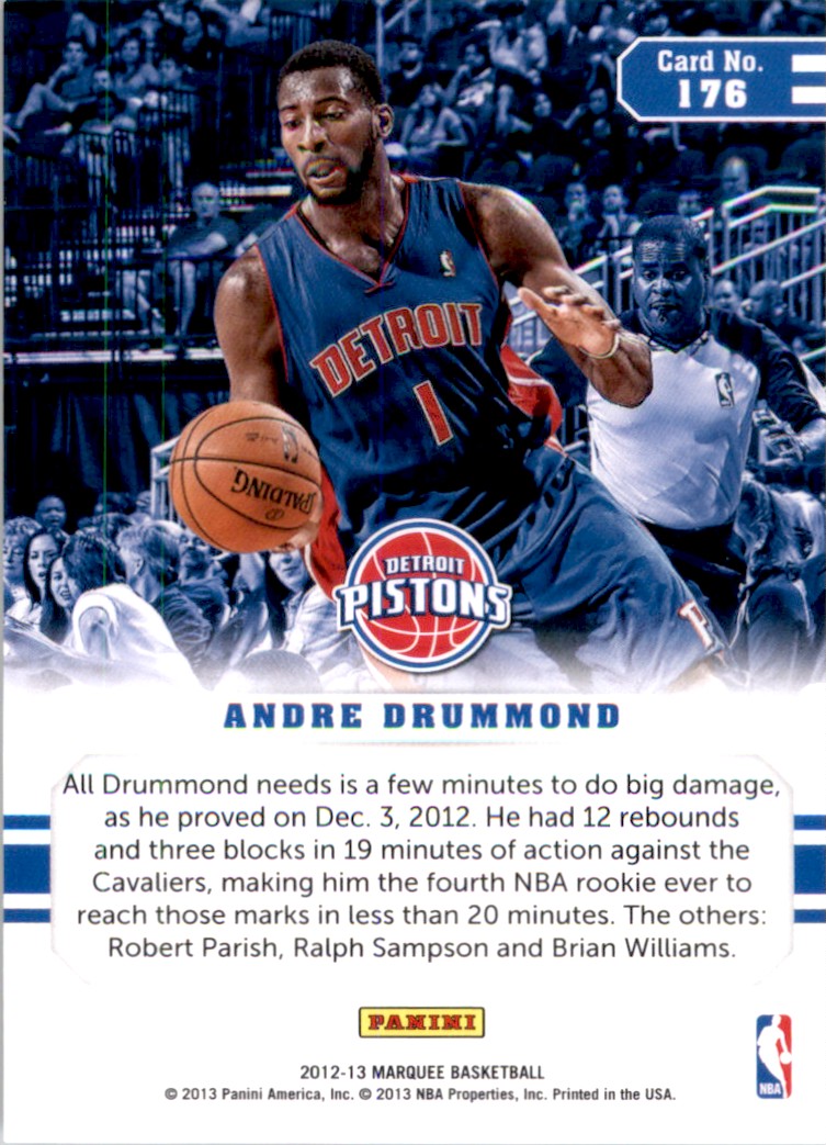 2012-13 Panini Marquee Andre Drummond #176 card back image