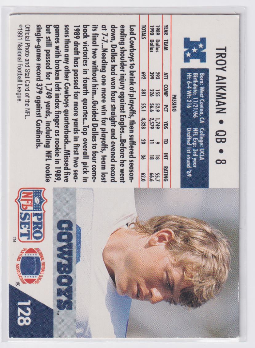 1991 Pro Set Troy Aikman #128 card back image