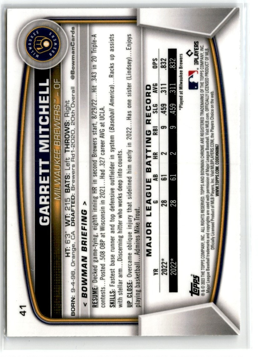2023 Bowman Chrome Mega Box Mojo Garrett Mitchell #41 card back image