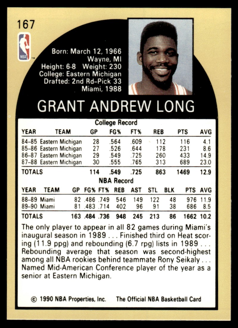1990-91 Hoops Grant Long #167 card back image